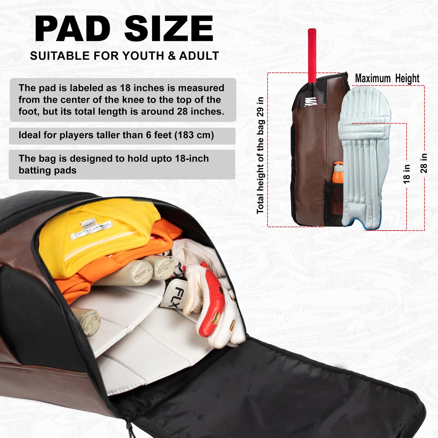 Lara Brown 72L | Premium Artificial Vegan Faux Leather Cricket Backpack|KitBag|Adult Size|2 Bat Pocket|Shoe/Helmet Pocket|Fit 18" Leg Pad 2 Bottle Holder|Easy Access|Player Senior,Black
