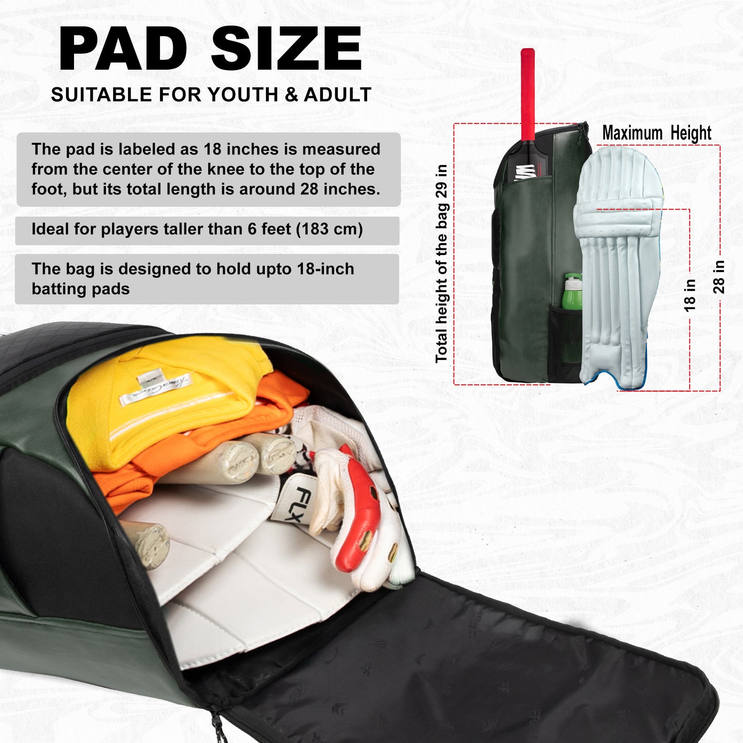 Lara Olive Green 72L | Premium Artificial Vegan Faux Leather Cricket Backpack|KitBag|Adult Size|2 Bat Pocket|Shoe/Helmet Pocket|Fit 18" Leg Pad 2 Bottle Holder|Easy Access|Player Senior,Black