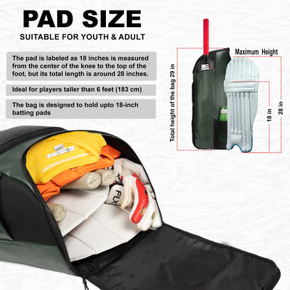 Lara Olive Green 72L | Premium Artificial Vegan Faux Leather Cricket Backpack|KitBag|Adult Size|2 Bat Pocket|Shoe/Helmet Pocket|Fit 18" Leg Pad 2 Bottle Holder|Easy Access|Player Senior,Black