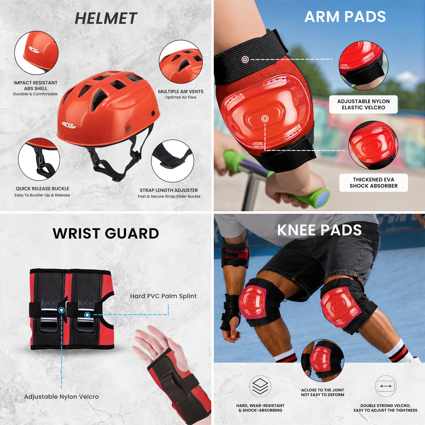 WHACKK Tenacity Breeze Red Junior Adjustable Quad Roller Skates Combo- Kids 3-6 Yrs (Skates+Helmet+Knee Guards+Elbow Guards+Carry Bag)| 55 mm| 18 to 21 cm| Ball Bearing| Secure Buckles & Lace system