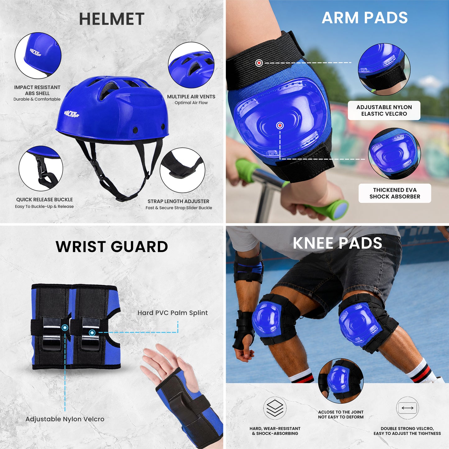 WHACKK Tenacity Breeze Blue Junior Adjustable Quad Roller Skates Combo- Kids 3-6 Yrs (Skates + Helmet + Knee Guards + Elbow Guards + Carry Bag)| 55 mm| 18 to 21 cm| Ball Bearing| Secure Buckles & Lace system