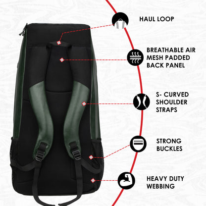 Lara Olive Green 72L | Premium Artificial Vegan Faux Leather Cricket Backpack|KitBag|Adult Size|2 Bat Pocket|Shoe/Helmet Pocket|Fit 18" Leg Pad 2 Bottle Holder|Easy Access|Player Senior,Black