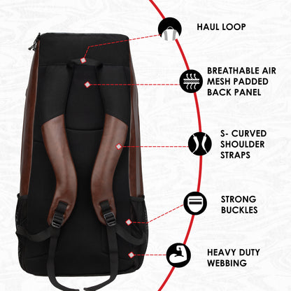 Lara Brown 72L | Premium Artificial Vegan Faux Leather Cricket Backpack|KitBag|Adult Size|2 Bat Pocket|Shoe/Helmet Pocket|Fit 18" Leg Pad 2 Bottle Holder|Easy Access|Player Senior,Black