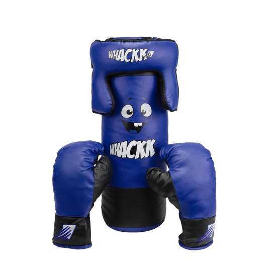 Whackk Blue Junior Kids Boxing Kit with Filled Punching Bag, Gloves and Headgear Bounce-Back |Training Bag for Boys & Girls