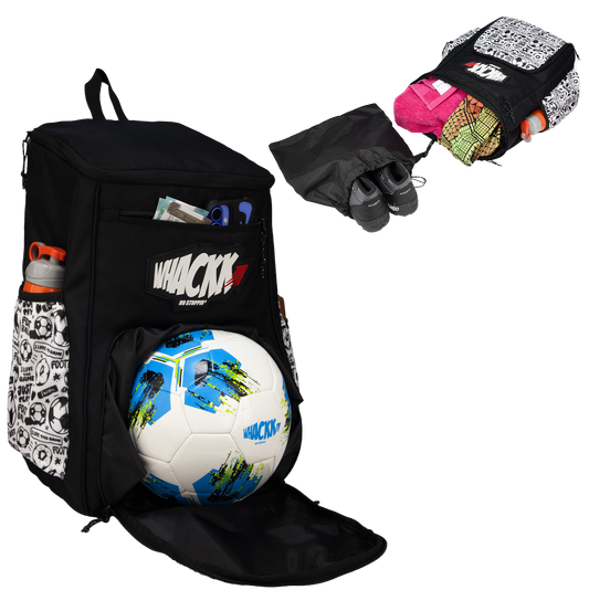 WHACKK Figo Football Bag Black White 44L | Sports Backpack with Ball Holder, Detachable Wet Drawstring Pouch, Utility Pockets & Large Capacity for Gear