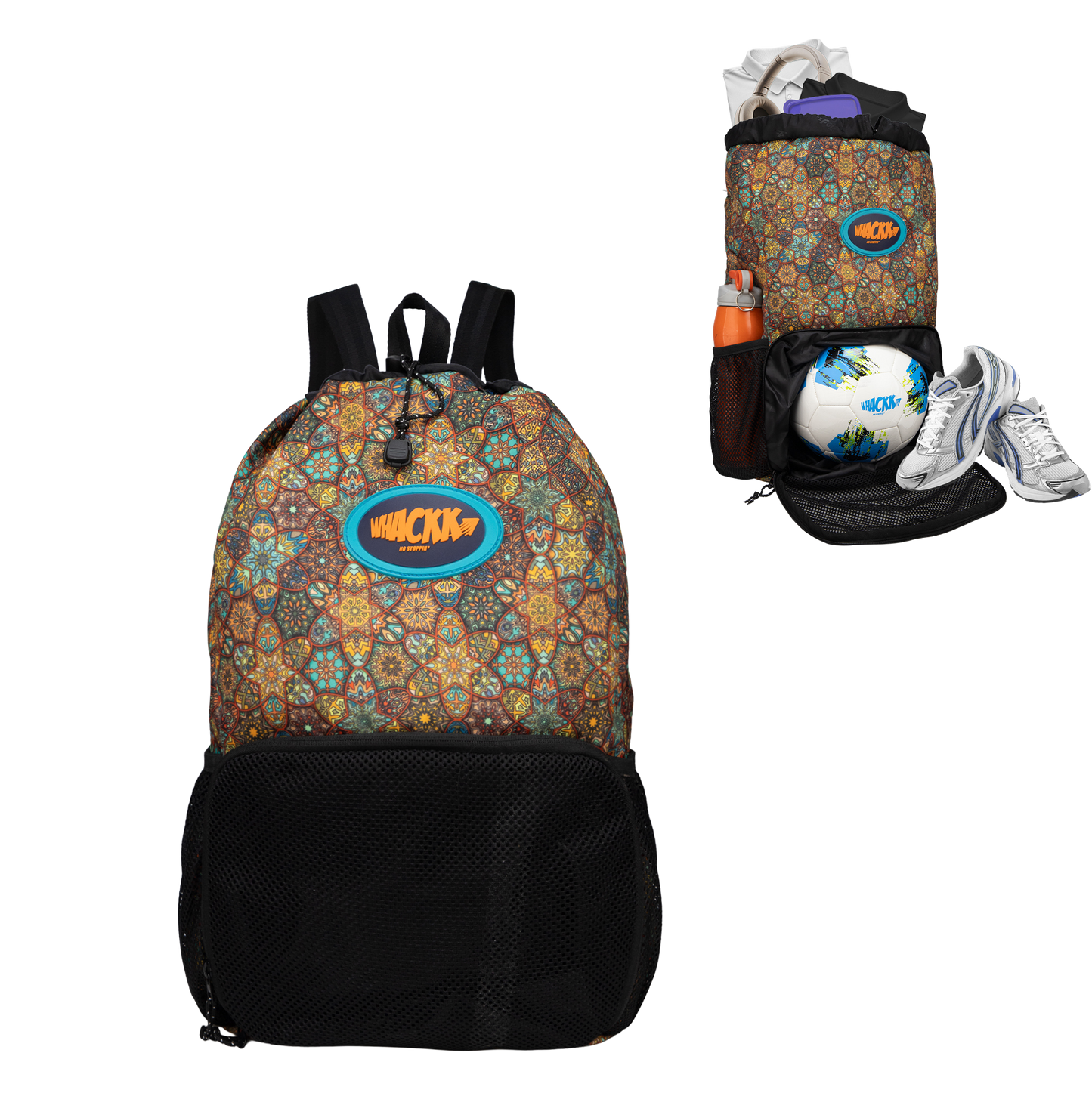 WHACKK Tornado Printed Sports Drawstring Backpack | Swimming Basketball Football Beach Gym Bag with Ventilated Mesh Pocket, Dual Bottle Pockets & Secure Storage for Gym, Swim & Daily Use