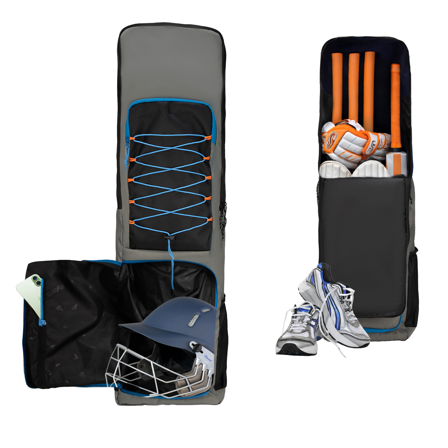 WHACKK Chappel Grey Black Cricket Bag|41L Spacious Capacity|Lightweight|Dual Bottle Holders|Front Pockets for Easy Organization|Durable Cricket Kit Bag