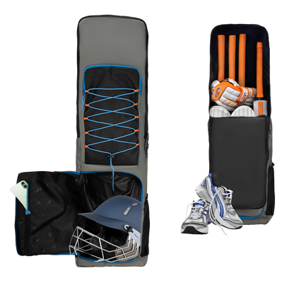 WHACKK Chappel Grey Black Cricket Bag|41L Spacious Capacity|Lightweight|Dual Bottle Holders|Front Pockets for Easy Organization|Durable Cricket Kit Bag