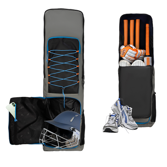 WHACKK Chappel Grey Black Cricket Bag|41L Spacious Capacity|Lightweight|Dual Bottle Holders|Front Pockets for Easy Organization|Durable Cricket Kit Bag