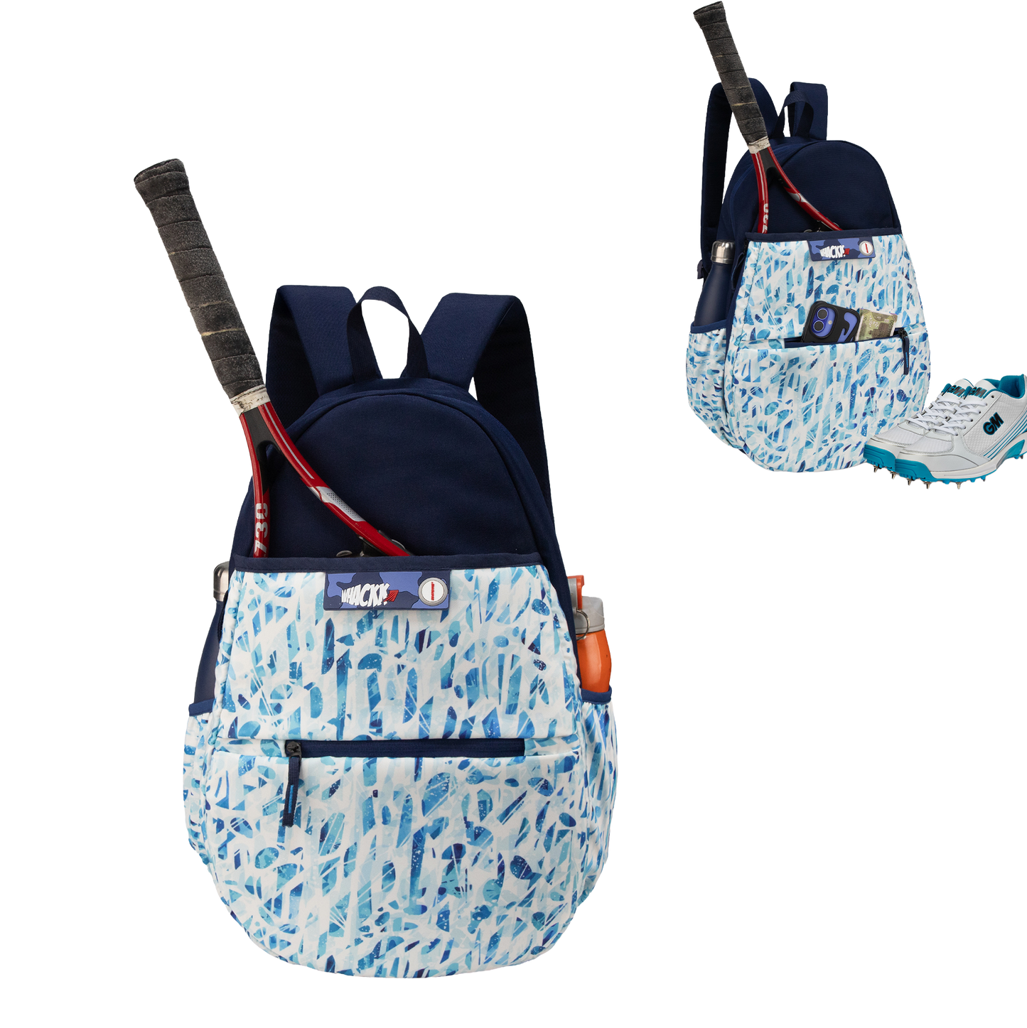 WHACKK Seles Sports Badminton Tennis Racket Backpack White Blue | 22L Capacity with Racket Compartment, Shoe Pocket, Multiple Utility Pockets & Dual Bottle Holders | Lightweight Bag for Pickleball Table Tennis