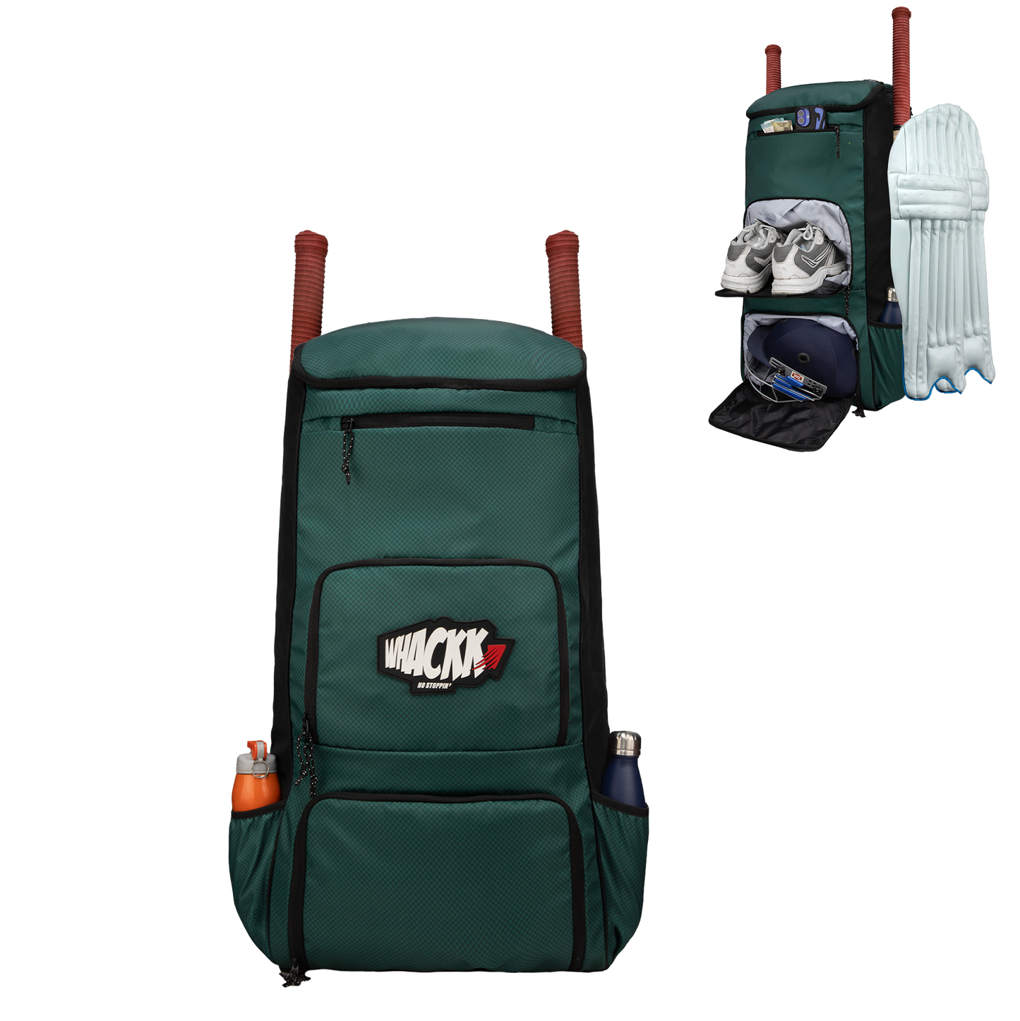 WHACKK Pollock 90L Cricket Bag Green | Large Kit Bag with Dual Bat Pockets, Shoe Pocket, Helmet & Gloves Section, Multiple Storage Compartments