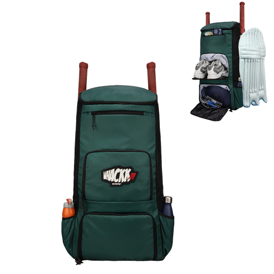 WHACKK Pollock 90L Cricket Bag Green | Large Kit Bag with Dual Bat Pockets, Shoe Pocket, Helmet & Gloves Section, Multiple Storage Compartments