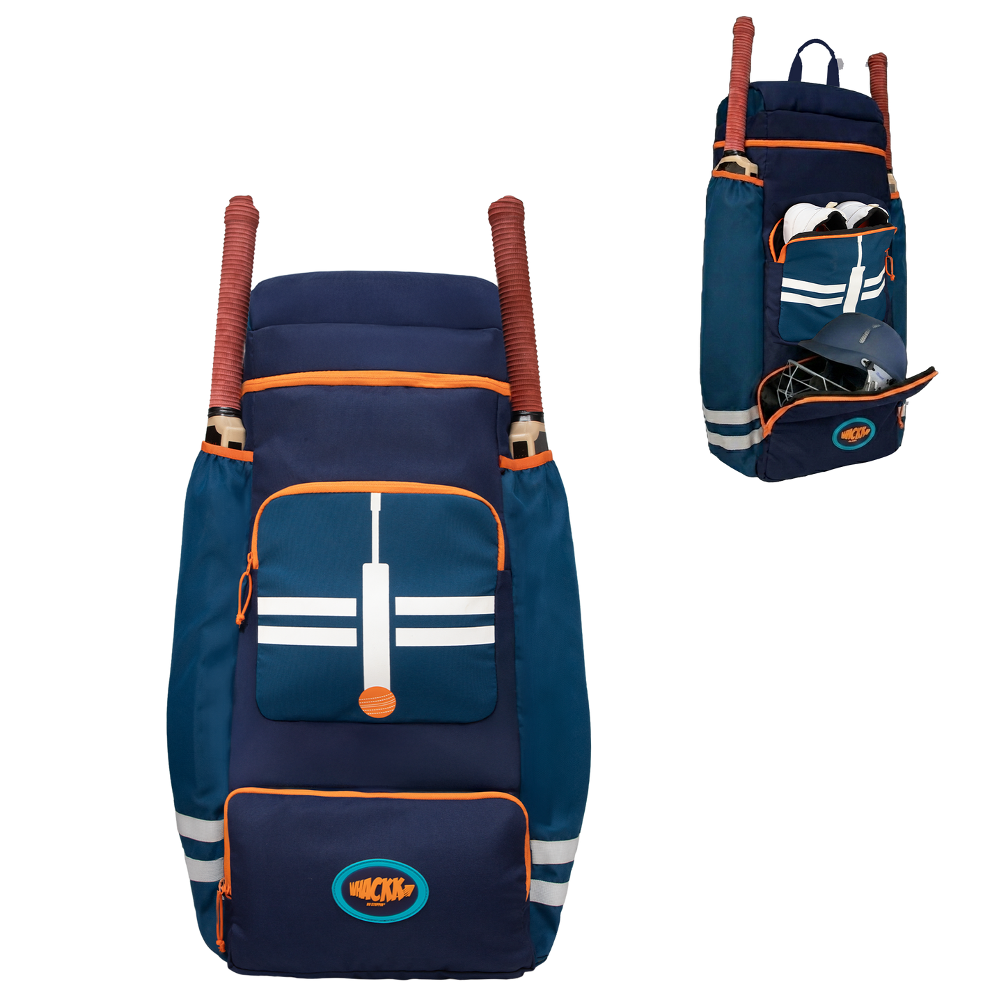WHACKK Warne 81L Cricket Kit Bag Backpack | Spacious Compartment with Dual Bat, Shoe/ Helmet Pockets | Lightweight & Durable Sports kit Bag blue Orange