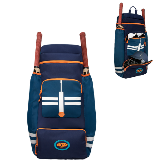 WHACKK Warne 81L Cricket Kit Bag Backpack | Spacious Compartment with Dual Bat, Shoe/ Helmet Pockets | Lightweight & Durable Sports kit Bag blue Orange
