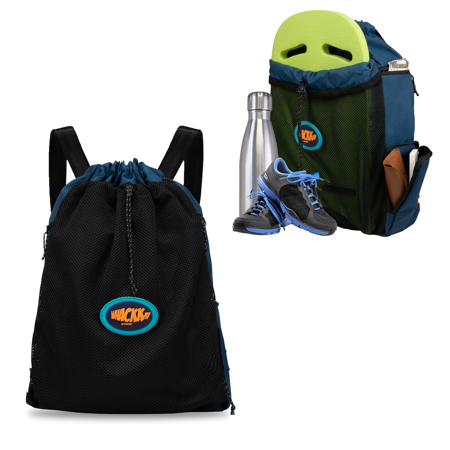 WHACKK Phelps Blue Black 23L Premium Drawstring Swimming/ Football backpack| Waterproof Wet Compartment, Mesh Pocket, Multi Storage & Bottle Holder| Ideal for Swimming, Football & Gym