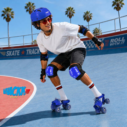 WHACKK Tenacity Commando Blue Senior Adjustable Quad Roller Skates Combo (Skates + Helmet + Knee Guards + Elbow Guards + Carry Bag)| 55 mm Rubber Wheel|21 to 27 cm| Ball Bearing| Secure Buckles & Lace system