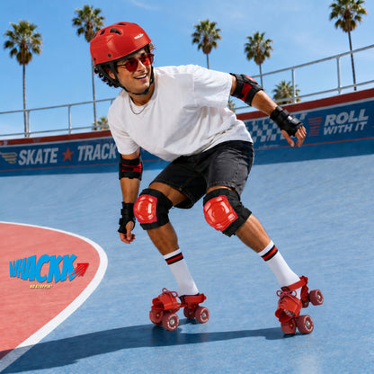 WHACKK Tenacity Commando Red Senior Adjustable Quad Roller Skates Combo (Skates + Helmet + Knee Guards + Elbow Guards + Carry Bag)| 55 mm Rubber Wheel|21 to 27 cm| Ball Bearing| Secure Buckles & Lace system