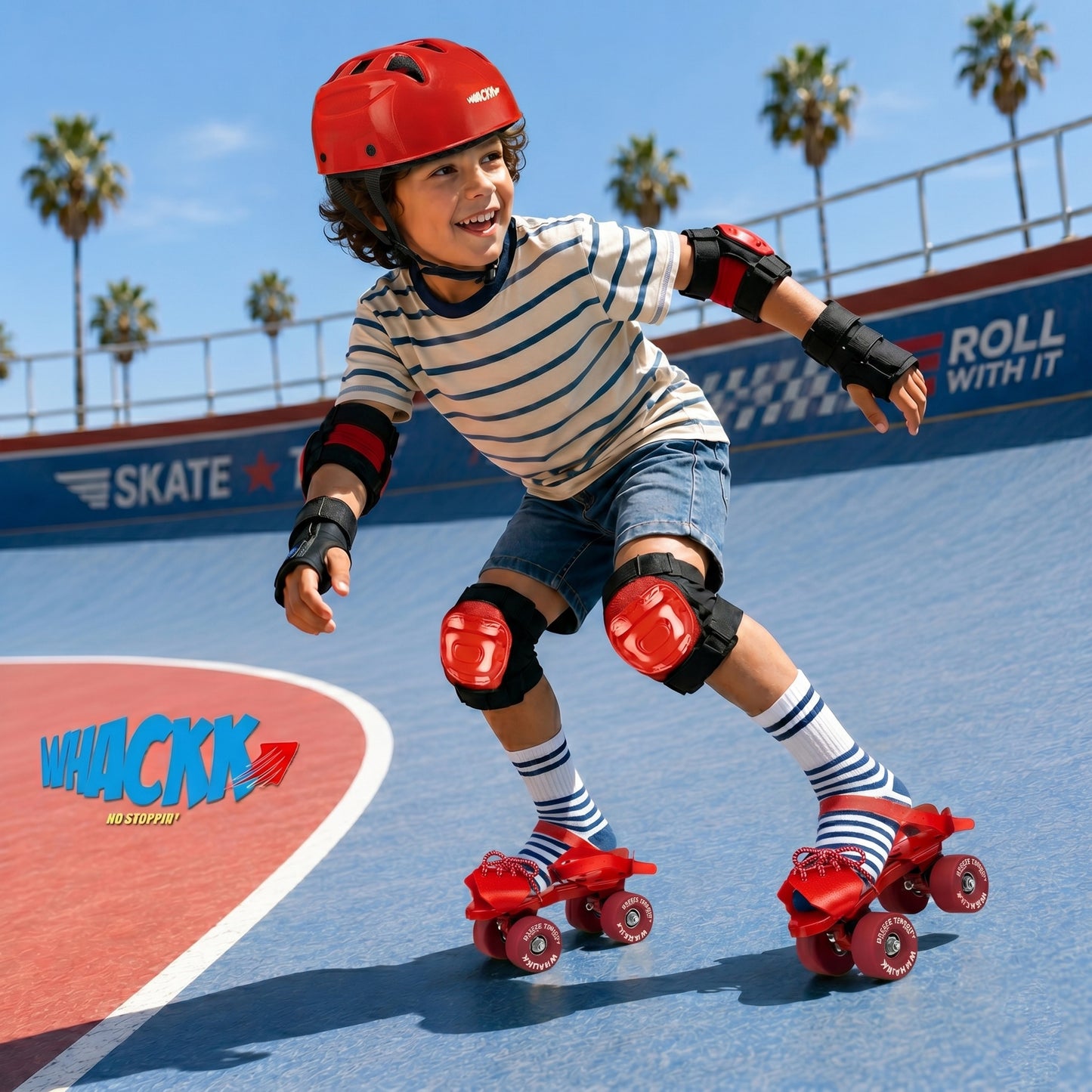 WHACKK Tenacity Breeze Red Junior Adjustable Quad Roller Skates Combo- Kids 3-6 Yrs (Skates+Helmet+Knee Guards+Elbow Guards+Carry Bag)| 55 mm| 18 to 21 cm| Ball Bearing| Secure Buckles & Lace system