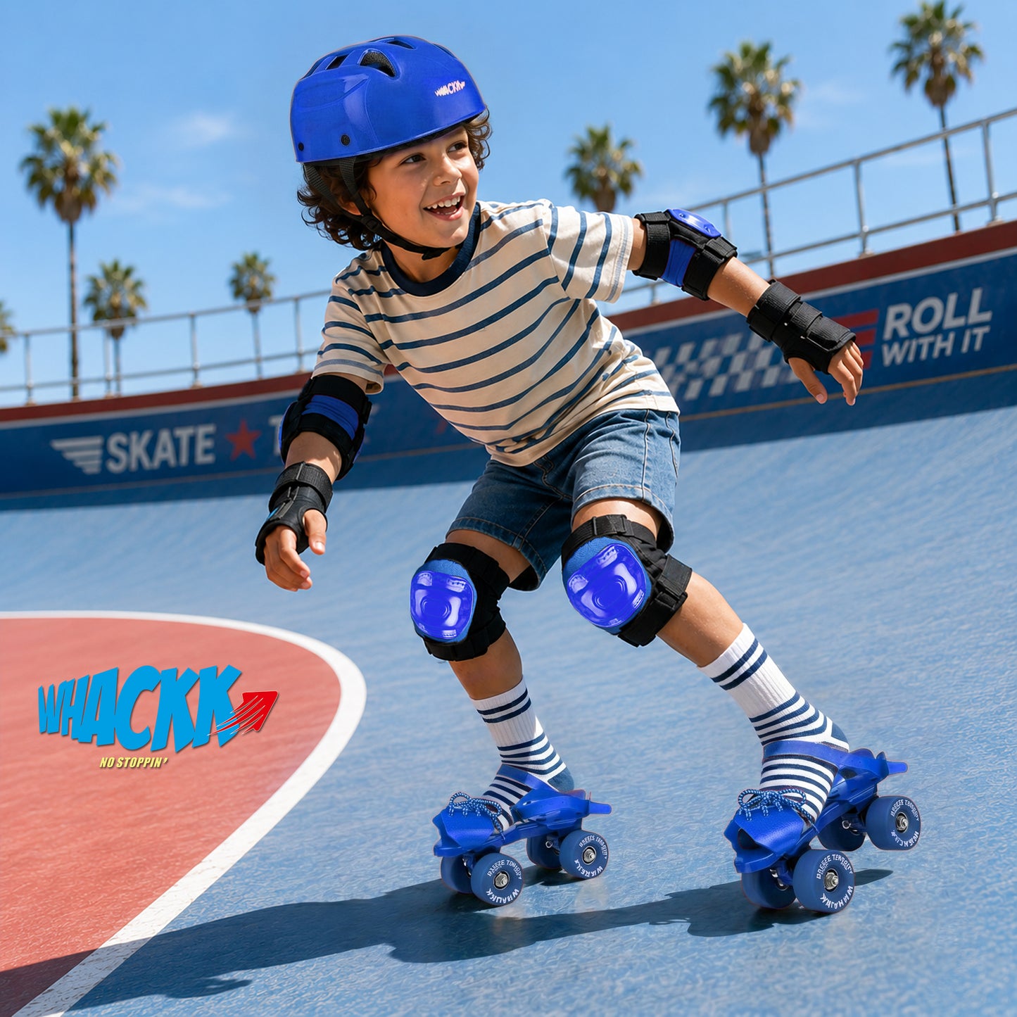 WHACKK Tenacity Breeze Blue Junior Adjustable Quad Roller Skates Combo- Kids 3-6 Yrs (Skates + Helmet + Knee Guards + Elbow Guards + Carry Bag)| 55 mm| 18 to 21 cm| Ball Bearing| Secure Buckles & Lace system