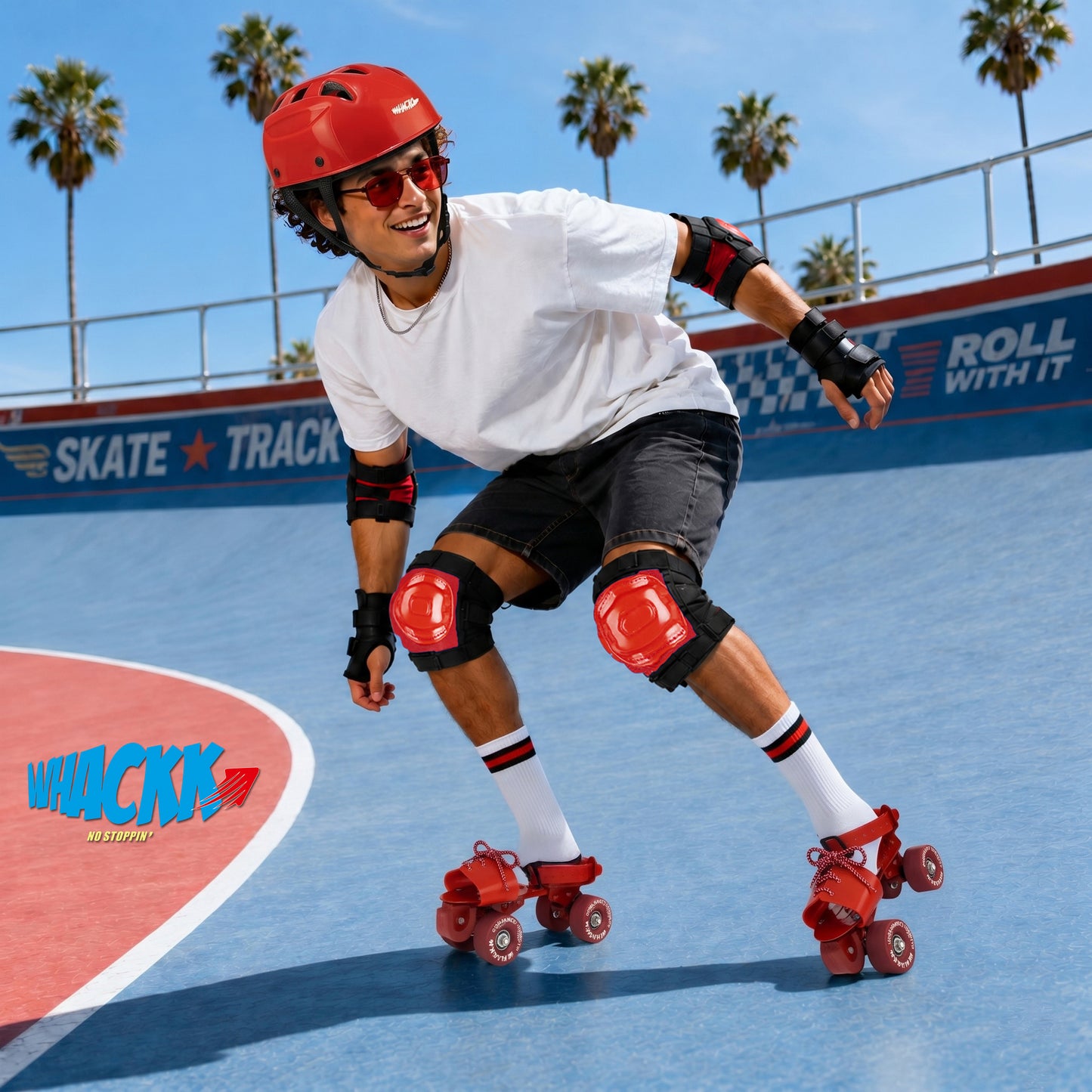 WHACKK Tenacity Supersonic Red Senior Adjustable Quad Roller Skates Combo (Skates + Helmet +Knee Guards + Elbow Guards + Carry Bag) | 55 mm PU Wheel|21 to 27 cm| Ball Bearing| Secure Buckles & Lace system