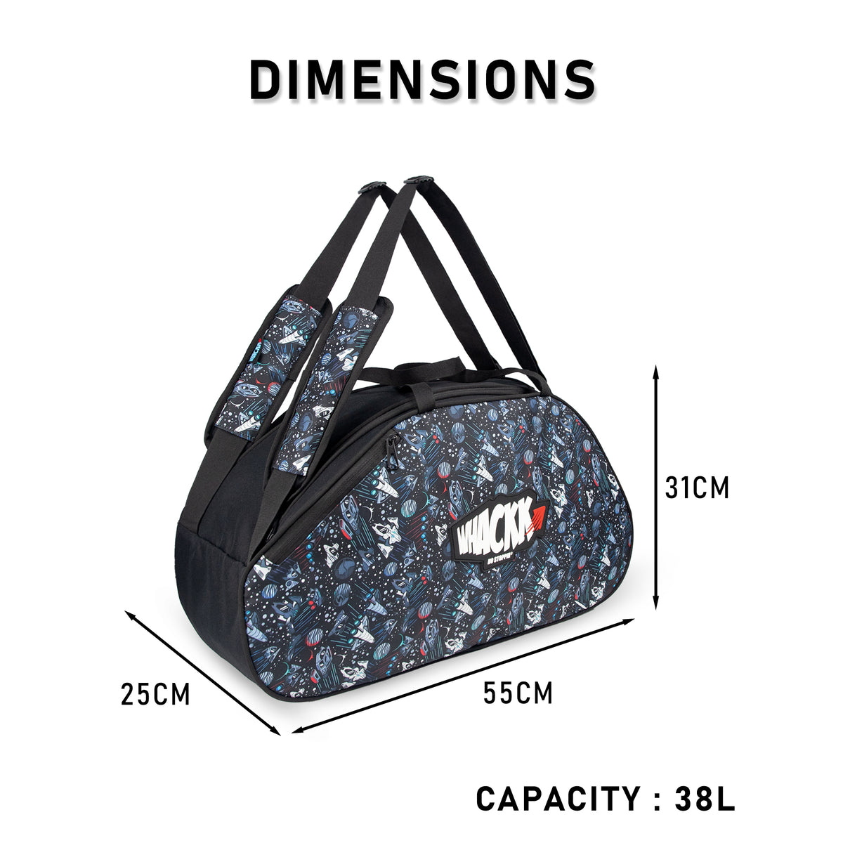 WHACKK Spin 38L Skating Bag  Black Print | 3-Way Carry Skate Backpack, Duffle & Shoulder Bag with Helmet Pocket | Padded Roller Skate Bag for Kids & Adults