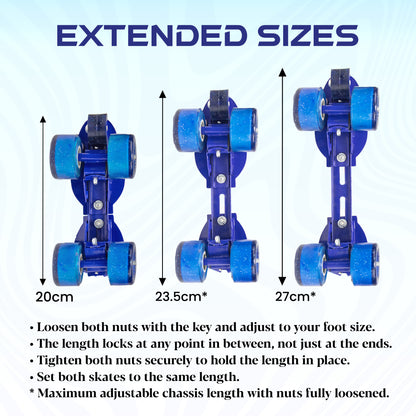 WHACKK Supersonic Senior Roller Skates Blue | Adjustable Quad Skates Age 6-14 | Sturdy Metal Body, Tenacity Wheels, Ball Bearings | Foot 18-25cm, Chassis 20-27cm | Skates for Boys & Girls