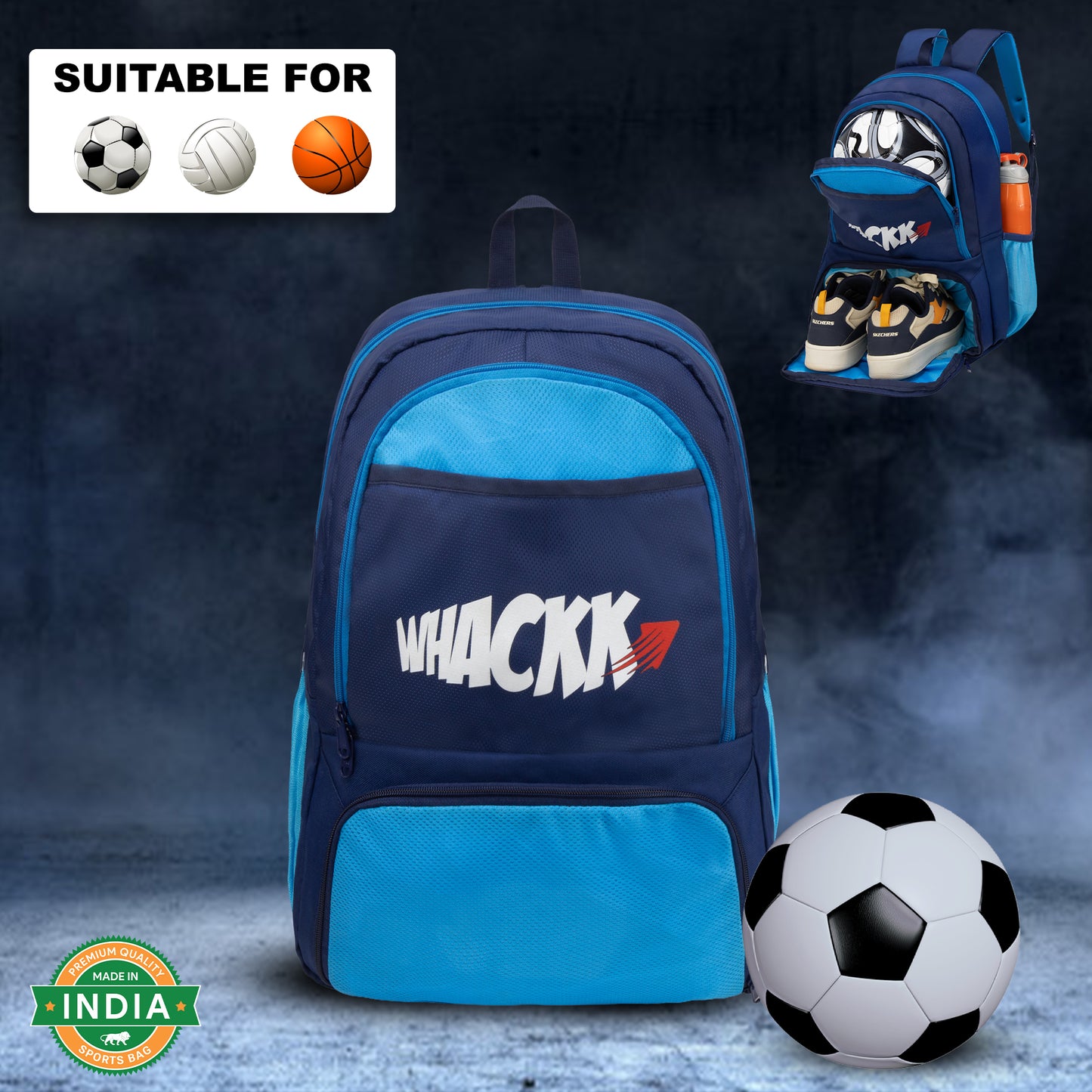 Strike Navy Blue 32L Football Basketball Volleyball Kitbag Shoe Ball Separate Pockets Equipment Bag Backpack| Soccer Bag| Boys Kids Adult Men| Mesh Shoe Ball Pocket| Bottle Holder| Easy Access Pocket Visit the WHACKK Store (Copy)