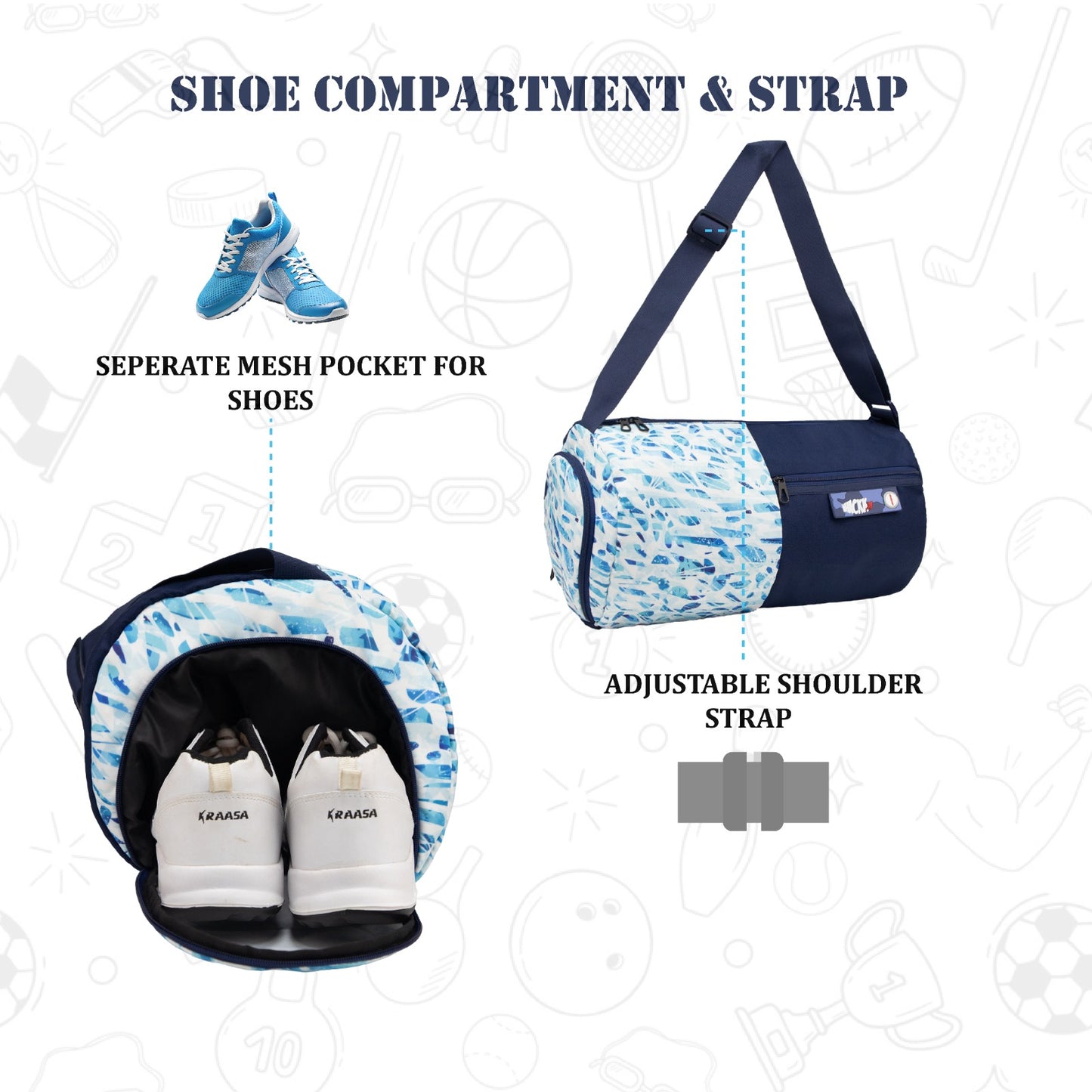 WHACKK 27L Core Navy Mirage Duffle Gym Bag|1 Main Compartment, Separate Shoe Compartment, Water Bottle Holder, Adjustable Shoulder Strap and Front Quick-Access Pocket|Sports & Travel Bag|Unisex