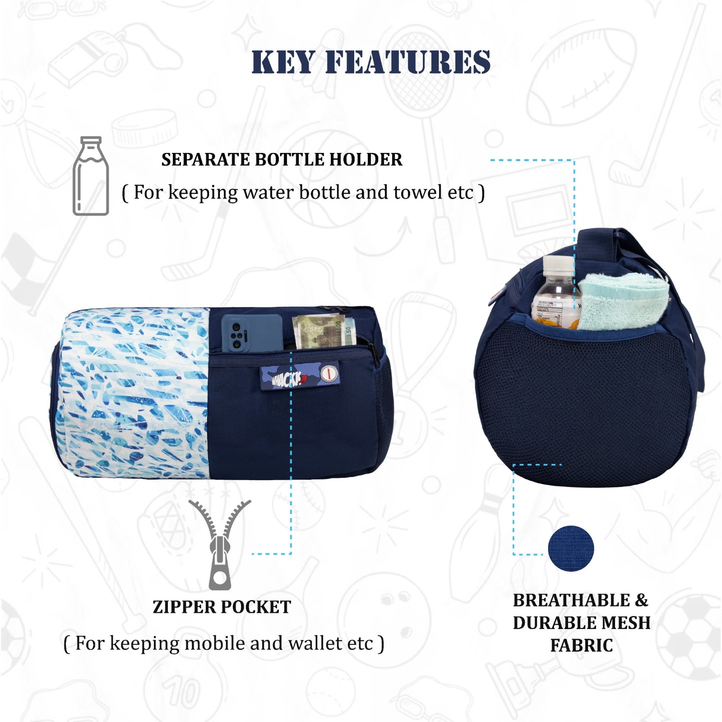 WHACKK 27L Core Navy Mirage Duffle Gym Bag|1 Main Compartment, Separate Shoe Compartment, Water Bottle Holder, Adjustable Shoulder Strap and Front Quick-Access Pocket|Sports & Travel Bag|Unisex