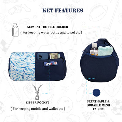 WHACKK 27L Core Navy Mirage Duffle Gym Bag|1 Main Compartment, Separate Shoe Compartment, Water Bottle Holder, Adjustable Shoulder Strap and Front Quick-Access Pocket|Sports & Travel Bag|Unisex