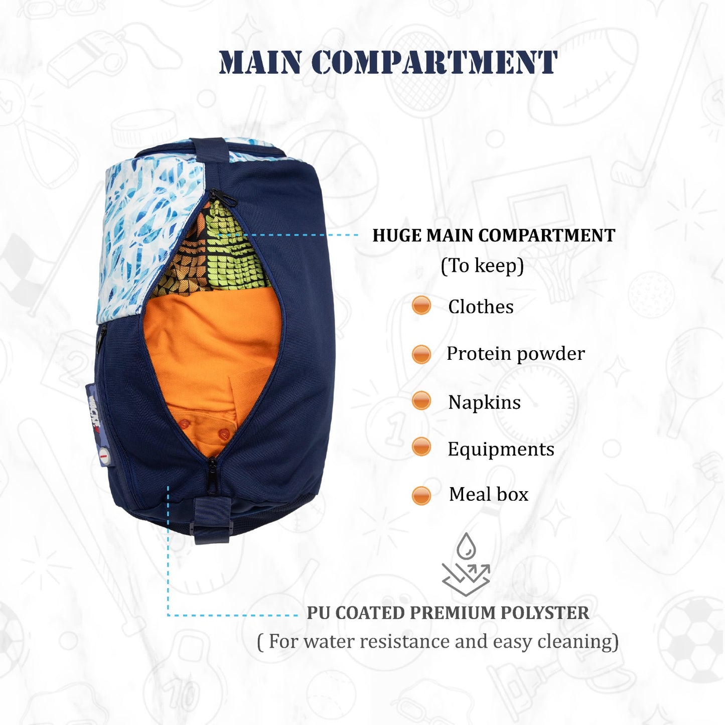 WHACKK 27L Core Navy Mirage Duffle Gym Bag|1 Main Compartment, Separate Shoe Compartment, Water Bottle Holder, Adjustable Shoulder Strap and Front Quick-Access Pocket|Sports & Travel Bag|Unisex