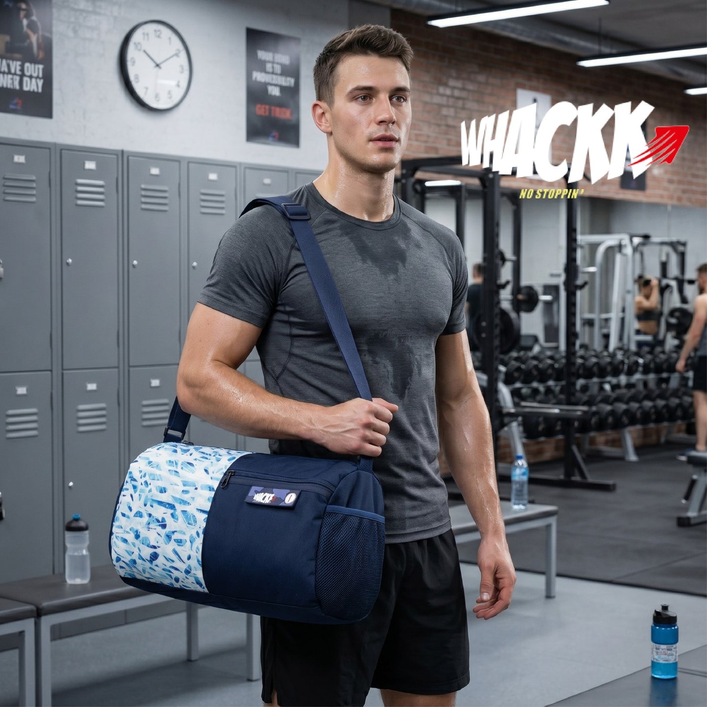 WHACKK 27L Core Navy Mirage Duffle Gym Bag|1 Main Compartment, Separate Shoe Compartment, Water Bottle Holder, Adjustable Shoulder Strap and Front Quick-Access Pocket|Sports & Travel Bag|Unisex