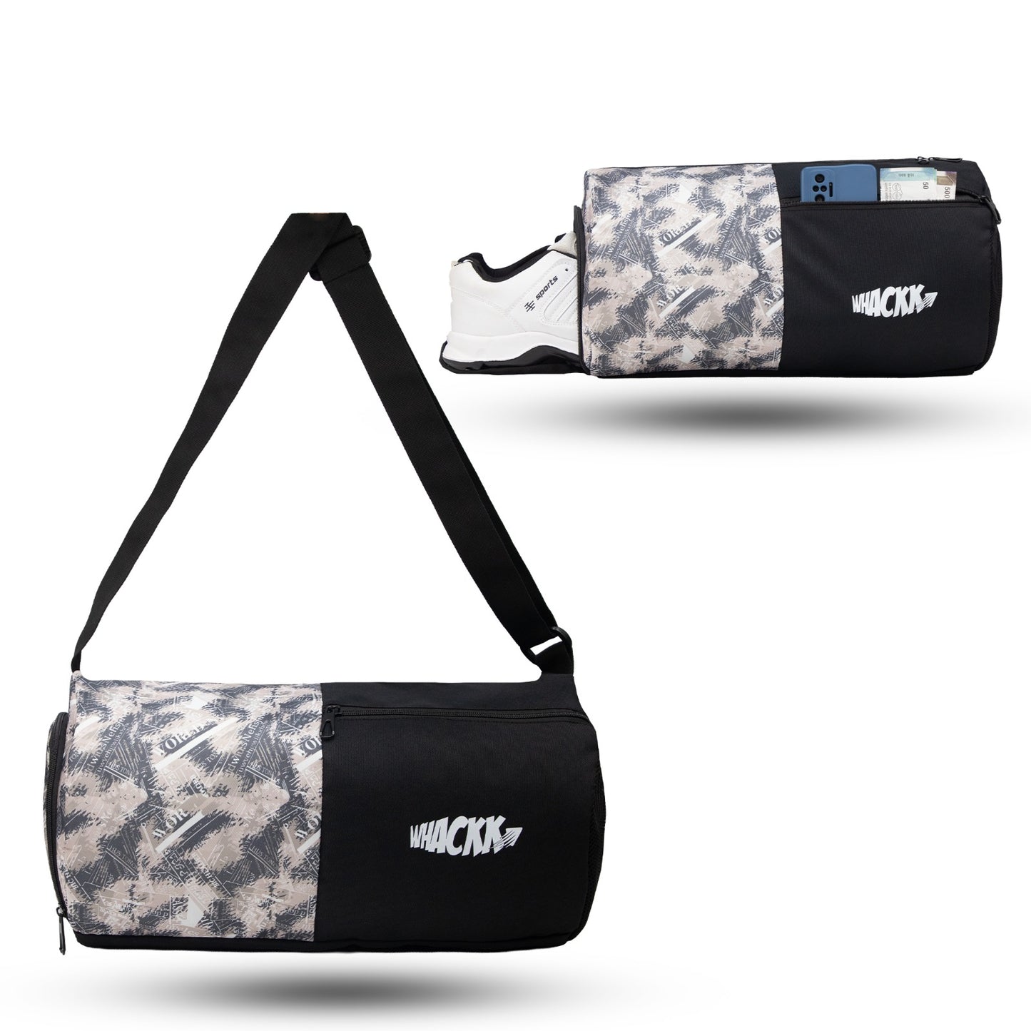 WHACKK 27L Pilates Black Duffle Gym Bag|1 Main Compartment, Front Quick-Access Pocket, Water Bottle Pocket, Shoe Compartment and Adjustable Shoulder Strap|Lightweight for Fitness & Travel