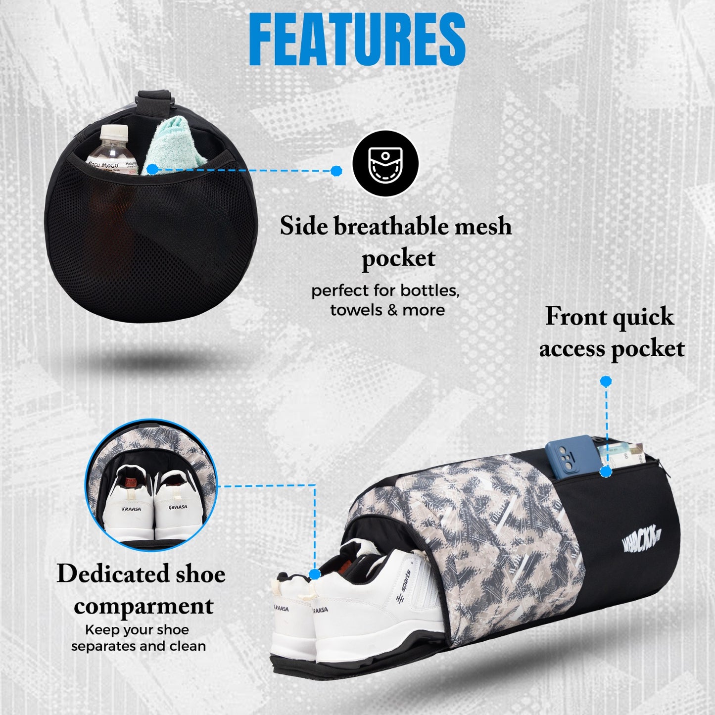 WHACKK 27L Pilates Black Duffle Gym Bag|1 Main Compartment, Front Quick-Access Pocket, Water Bottle Pocket, Shoe Compartment and Adjustable Shoulder Strap|Lightweight for Fitness & Travel