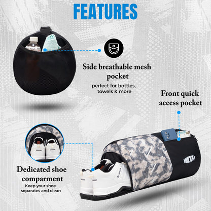 WHACKK 27L Pilates Black Duffle Gym Bag|1 Main Compartment, Front Quick-Access Pocket, Water Bottle Pocket, Shoe Compartment and Adjustable Shoulder Strap|Lightweight for Fitness & Travel
