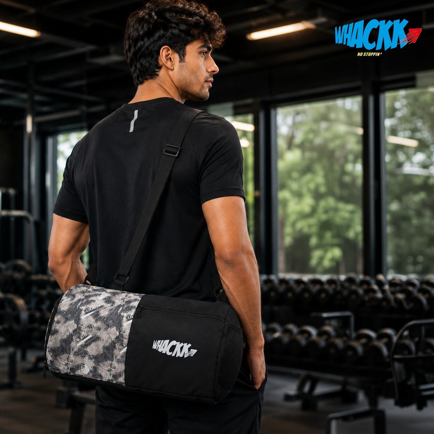 WHACKK 27L Pilates Black Duffle Gym Bag|1 Main Compartment, Front Quick-Access Pocket, Water Bottle Pocket, Shoe Compartment and Adjustable Shoulder Strap|Lightweight for Fitness & Travel