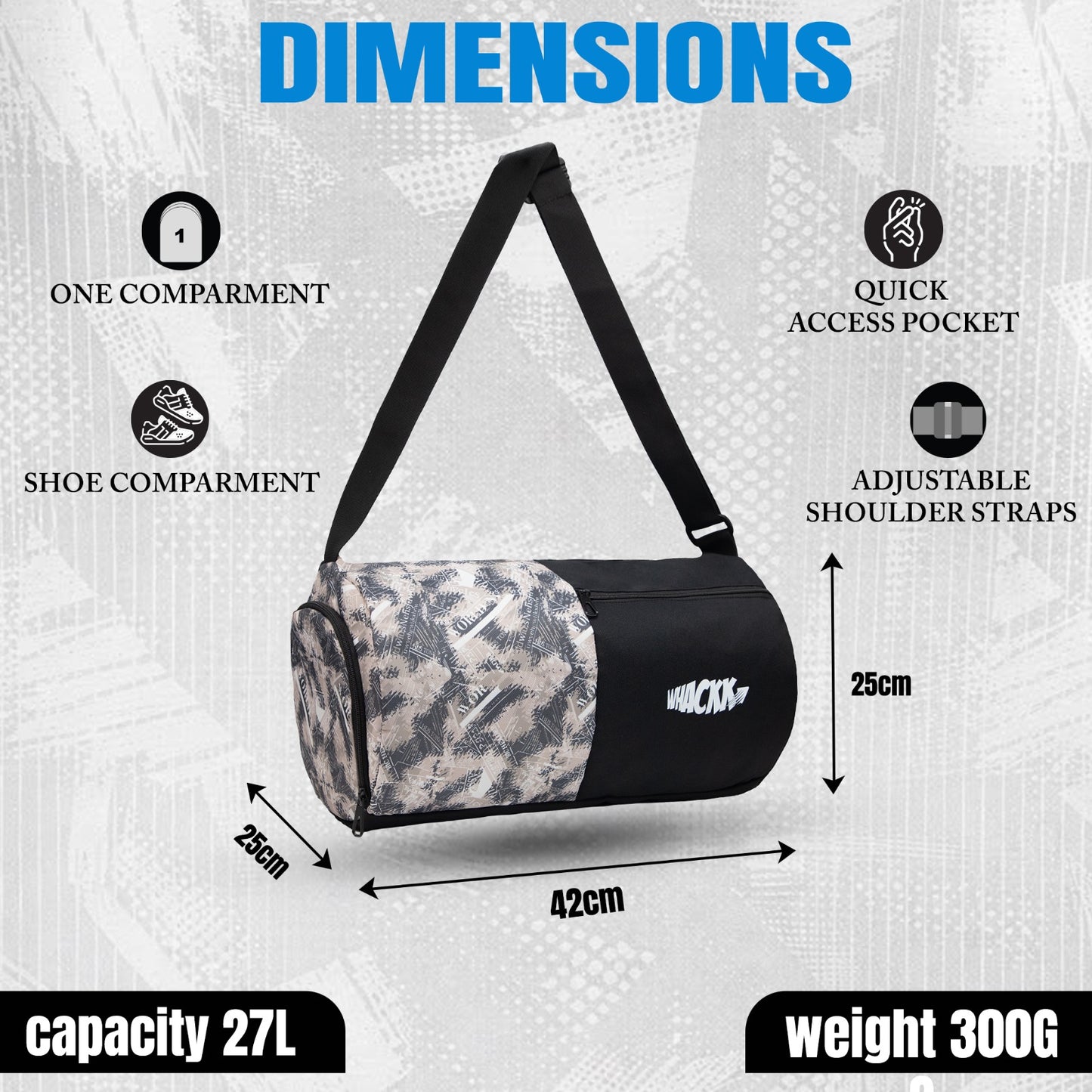 WHACKK 27L Pilates Black Duffle Gym Bag|1 Main Compartment, Front Quick-Access Pocket, Water Bottle Pocket, Shoe Compartment and Adjustable Shoulder Strap|Lightweight for Fitness & Travel