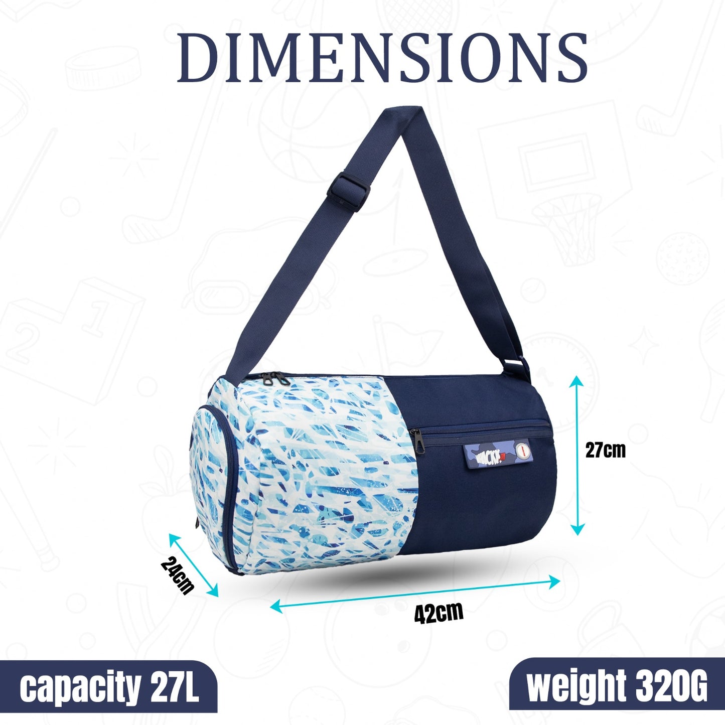WHACKK 27L Core Navy Mirage Duffle Gym Bag|1 Main Compartment, Separate Shoe Compartment, Water Bottle Holder, Adjustable Shoulder Strap and Front Quick-Access Pocket|Sports & Travel Bag|Unisex