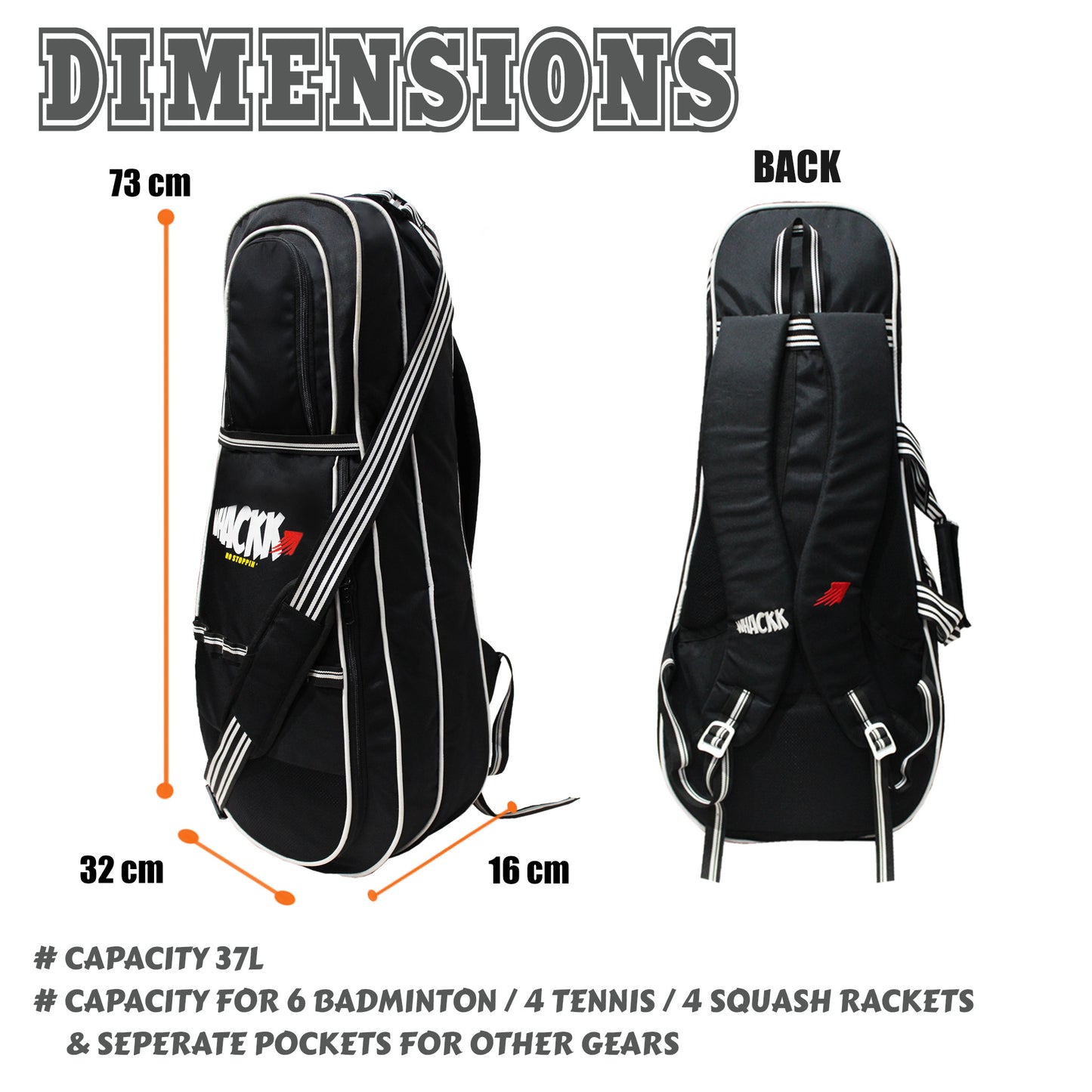 Smash Tennis Squash Badminton kit bag 37L Black