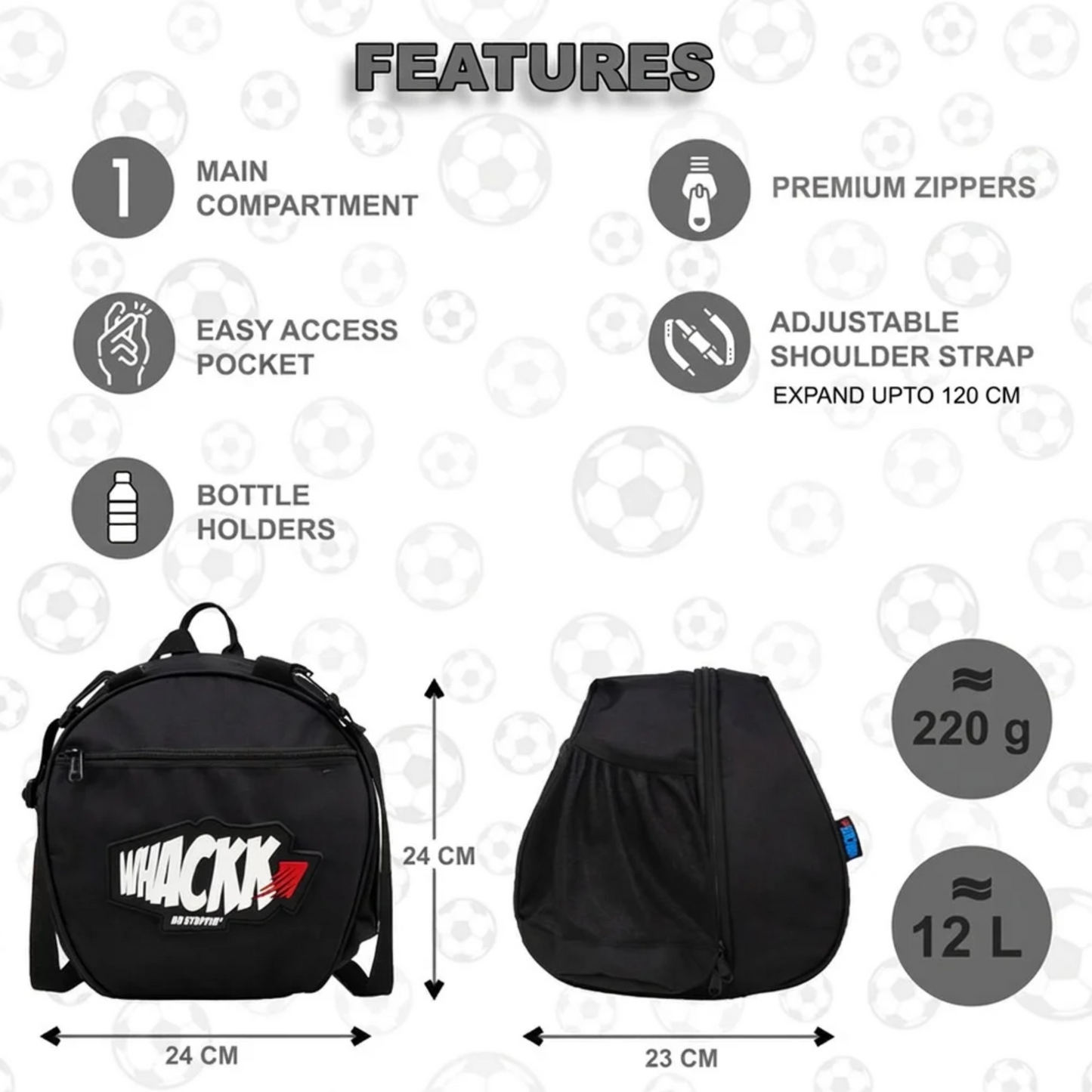 WHACKK Attack Football Bag Black | Football Kit Bag with Ball, Shoe & Boot Compartment | Unisex Sports Backpack for Training & Match Day