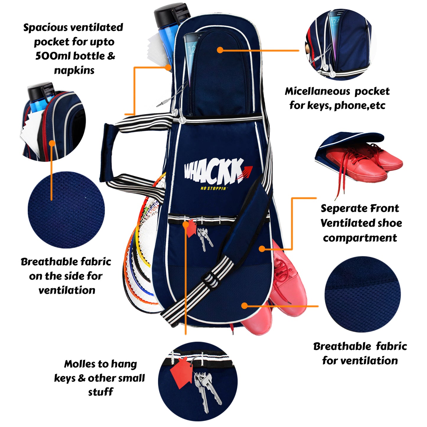 Smash Tennis Squash Badminton kit bag 37L Navy