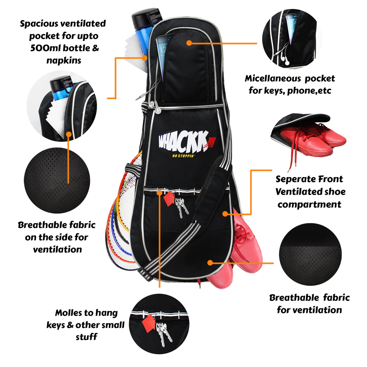 Smash Tennis Squash Badminton kit bag 37L Black