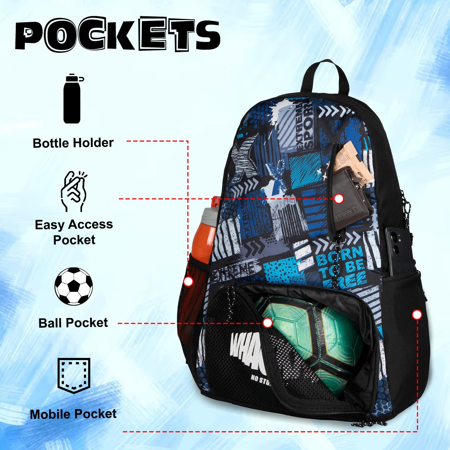 Thunderbolt Extreme Soccer Basketball Volleyball Kit Bag 28L Blue printed