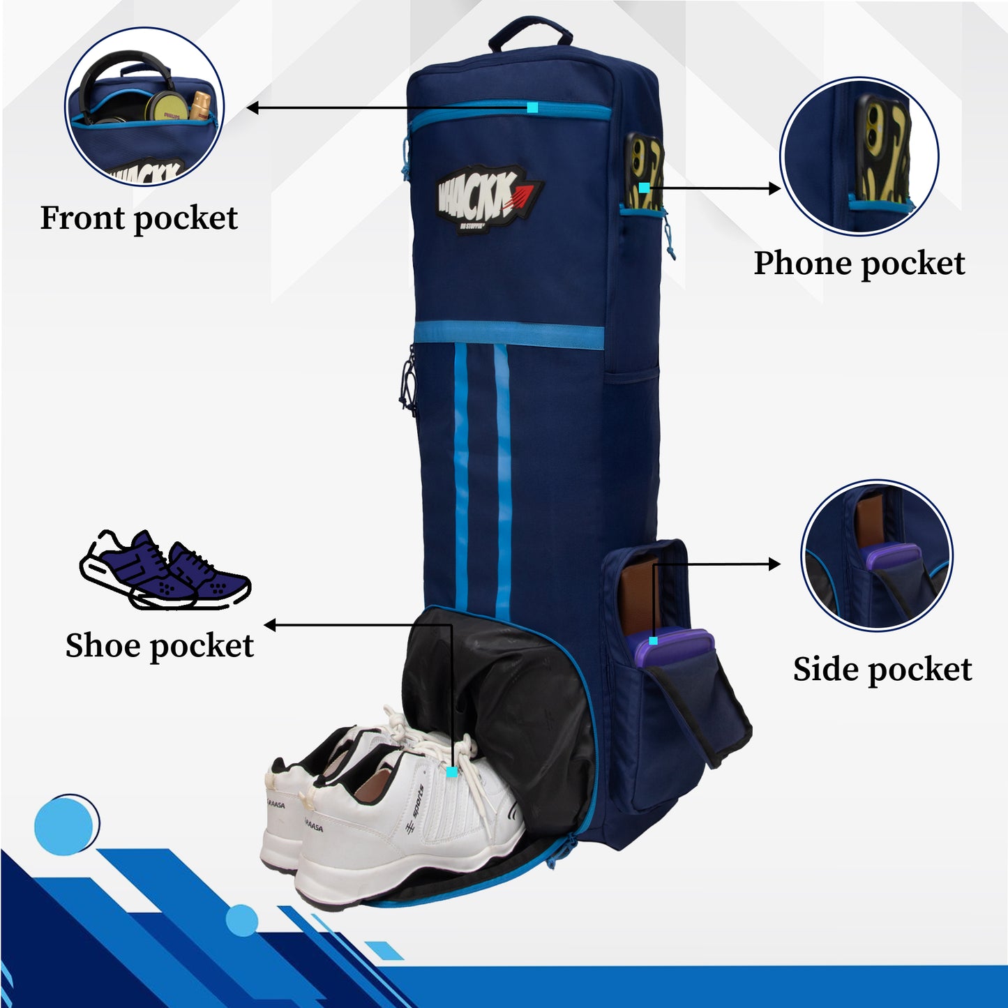 Don Navy Blue 45L Unisex Cricket Kit Bag Backpack|Adult Size|Shoe/Helmet Pocket|Main Compartment 18" Leg Pad|2 Bottle Holder|Easy Access Pocket|Player Edition Senior