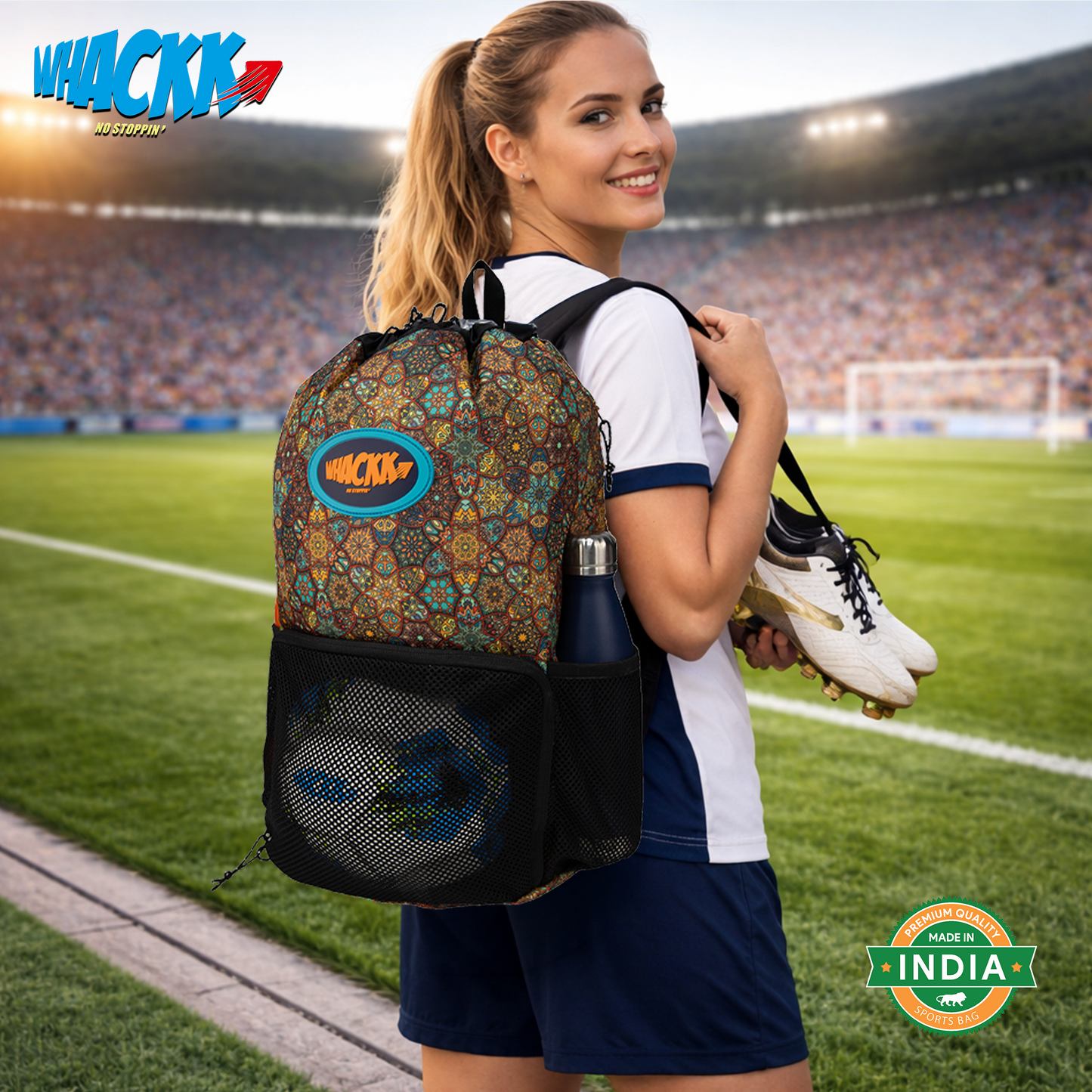 WHACKK Tornado Printed Sports Drawstring Backpack | Swimming Basketball Football Beach Gym Bag with Ventilated Mesh Pocket, Dual Bottle Pockets & Secure Storage for Gym, Swim & Daily Use