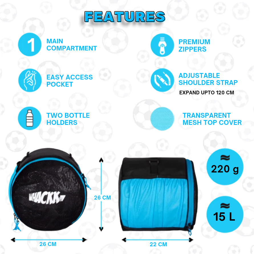 WHACKK Kick Ball Bag Black Blue | Football & Volleyball Carry Bag with Drawstring Closure | Lightweight Sports Ball Carrier for Kids & Adults