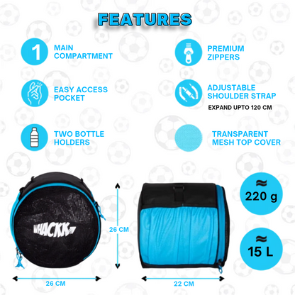 WHACKK Kick Ball Bag Black Blue | Football & Volleyball Carry Bag with Drawstring Closure | Lightweight Sports Ball Carrier for Kids & Adults