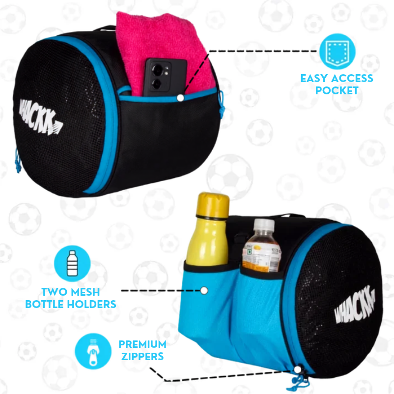 WHACKK Kick Ball Bag Black Blue | Football & Volleyball Carry Bag with Drawstring Closure | Lightweight Sports Ball Carrier for Kids & Adults