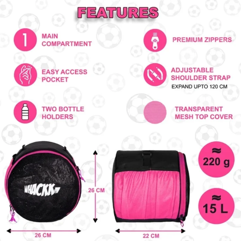 WHACKK Kick Ball Bag Black Pink | Football & Volleyball Carry Bag with Drawstring Closure | Lightweight Sports Ball Carrier for Kids & Adults