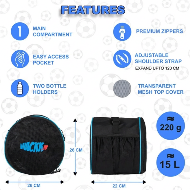 WHACKK Kick Ball Bag Black | Football & Volleyball Carry Bag with Drawstring Closure | Lightweight Sports Ball Carrier for Kids & Adults
